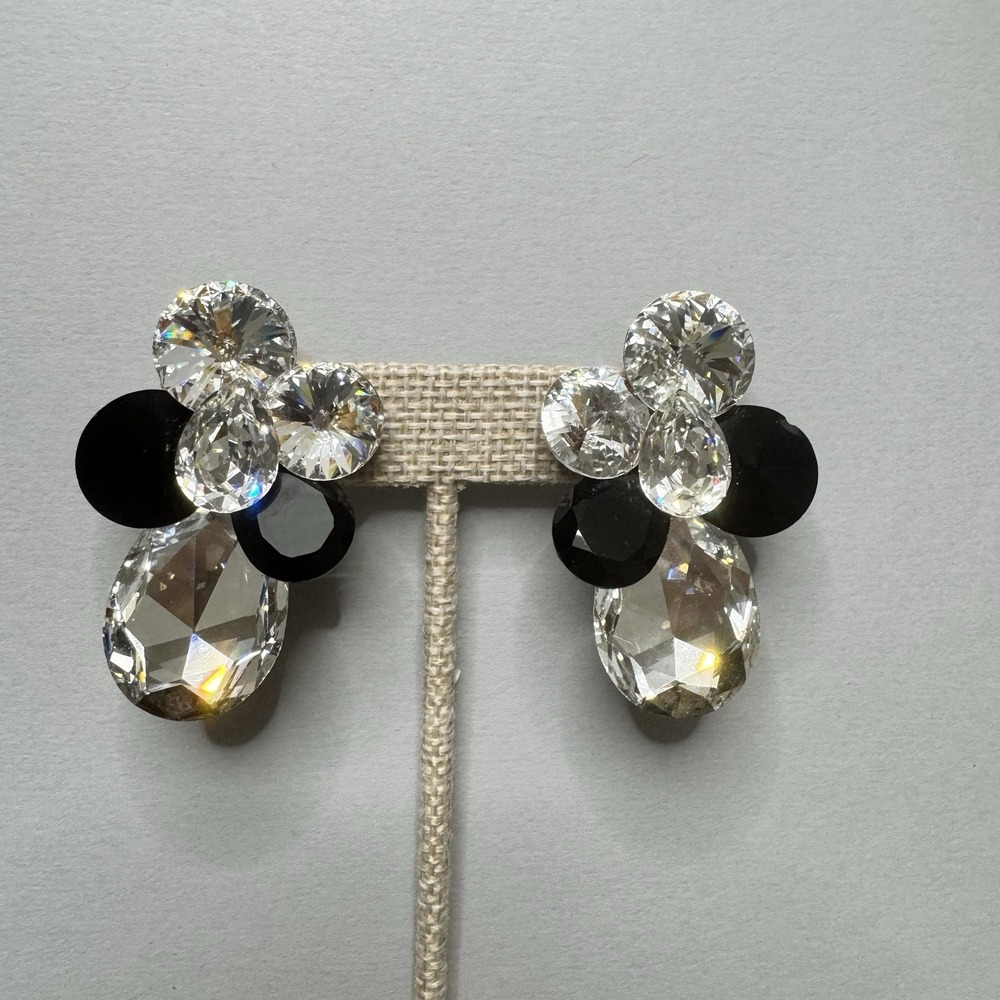 VTG Wendy Gell‎ Earrings Rhinestone Clear Black Clip On Statement Event Party 2"